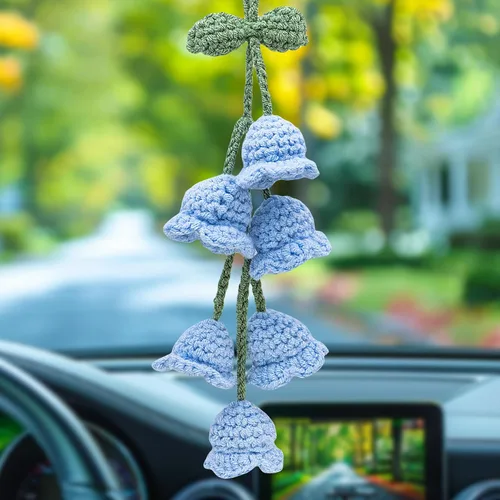 Vista 15 de Accesorios para colgar espejos de automóvil, colgante de flor de lirio tejido hecho a mano, bonita decoración colgante de ganchillo para espejo