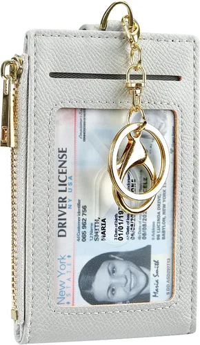 Vista 9 de Tarjetero de cuero para mujer, con bloqueo RFID, delgado y pequeño, con cremallera, llavero, bolsillo frontal, con 2 ventanas para identificación