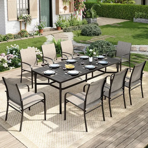 Vista 9 de MIXPATIO - Juego de comedor de patio de 9 piezas, mesa cuadrada de metal de 57.5 pulgadas, 8 sillas de textileno Azul