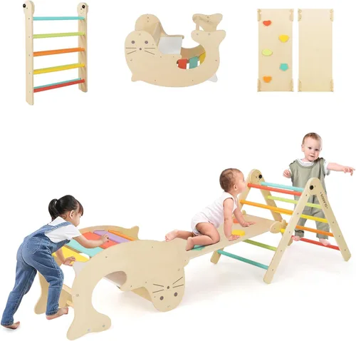 Vista 10 de Olakids Conjunto Triangular Pikler 7 en 1 Juguetes de Escalada para Niños Pequeños de 1 a 3 Años Interior Plegable de Madera Montessori Gimnasio