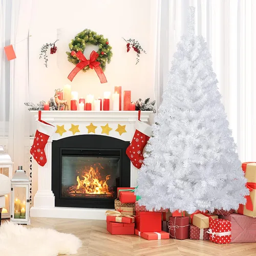 Vista 9 de DREAMADE Árbol de Navidad blanco de 6 pies, árbol de Navidad artificial de abeto sin iluminación con 650 ramas completas y base de metal plegable