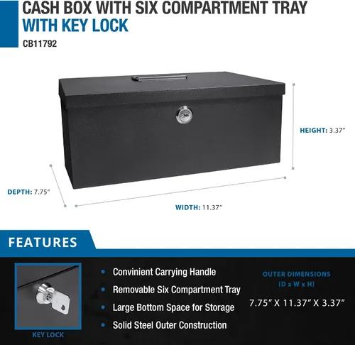 Vista 2 de BARSKA Caja de efectivo de 12 pulgadas y bandeja de 6 compartimentos con cerradura de llave, color negro