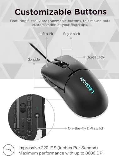 Vista 4 de Lenovo Legion M300s RGB - Mouse para juegos con cable – Sensor ajustable de 8,000 DPI, 6 botones programables y durabilidad de 20 millones de clics