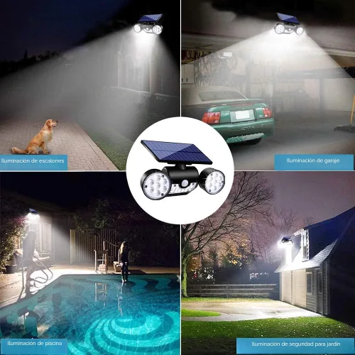 Vista 6 de Luces solares para exteriores, luces de seguridad con sensor de movimiento, luces solares de pared con focos de doble cabeza, LED, impermeables