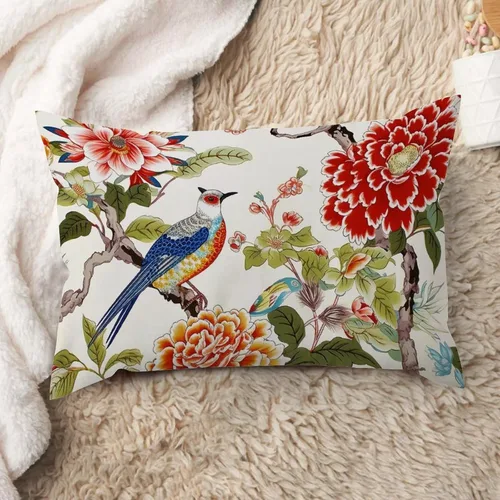 Vista 149 de ArogGeld Funda de cojín con flores verdes y blancas con flores grises y negras y hojas verdes en estilo chinoiserie, funda de almohada cuadrada
