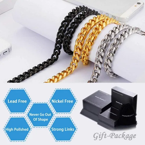 Vista 5 de Jewelry Kingdom 1 Collar o pulsera para hombre, cadena de eslabones cubanos de plata de 0.236in para joyería de hombre, collar de cadena Miami