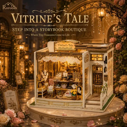 Vista 3 de Roroom Kit de casa en miniatura para bricolaje, kit de rincón de libro de cuento de Vitrine con luz LED, rompecabezas de madera 3D, kit de casa