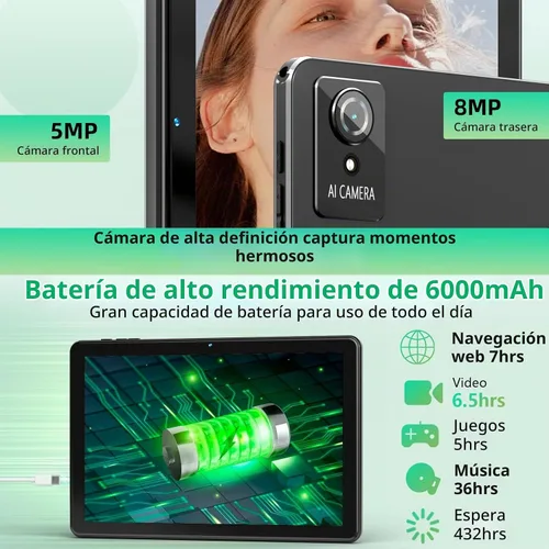 Vista 6 de Raemond Tablet Tabletas Android 15 de 10 pulgadas, 18GB RAM 128GB ROM 1TB Expandir Procesador Octa-Core, 1280x800 IPS Widevine L1, WiFi 6, cámara