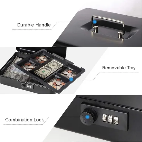 Vista 4 de Decaller Caja de dinero con cerradura de combinación, caja de seguridad de metal pequeña con bandeja de dinero, 7 4/5 x 6 4/5 x 3 3/5 pulgadas