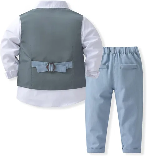 Vista 2 de Sholeno Traje de caballero para bebés y niños, chaleco con dobladillo puntiagudo, pajarita, boda, fiesta, manga larga, camisa y pantalones, conjunto