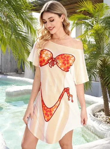 Vista 4 de Spadehill Traje de baño holgado de manga corta con estampado de bikini para mujer