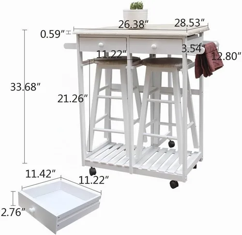 Vista 7 de FCH Drop Leaf Mesa de comedor con juegos de sillas para cocina pequeña, 3 piezas, carrito de cocina de madera con ruedas, 2 taburetes redondos y 2