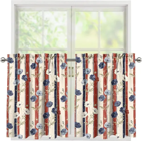 Vista 84 de God Bssing You Tier Curtains for July 4Th 2026 27.5x24 2 Panels Light Filtering Half Window Rod Pocket for Kitchen/Bathroom