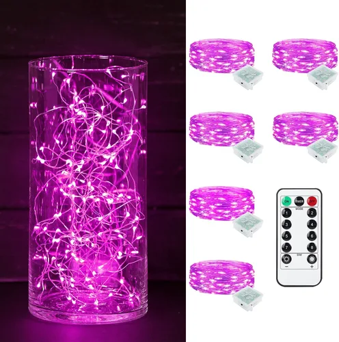 Vista 50 de Paquete de 6 luces de hadas a pilas con temporizador remoto, 8 modos de iluminación, 7 pies, 20 luces LED impermeables para Halloween, Navidad