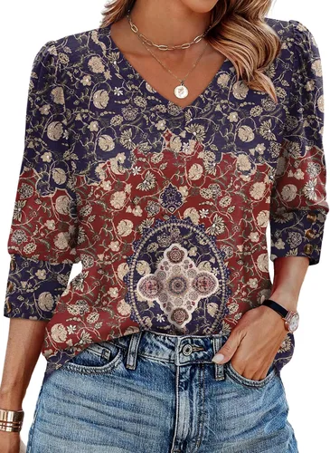 Vista 9 de XIEERDUO - Blusas de manga 3/4 para mujer, cuello en V, con botones, estilo A-blanco