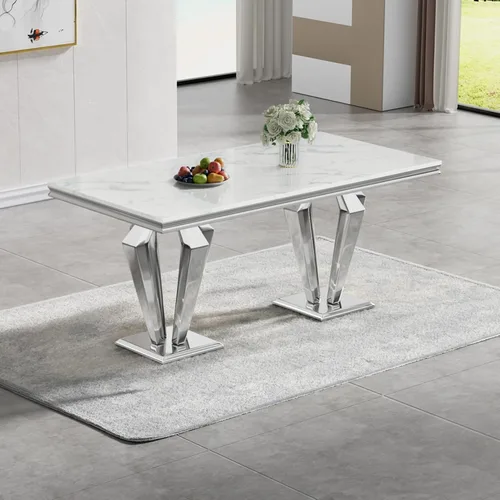 Vista 9 de Mesa de comedor de mármol negro para 4, 6, 70 pulgadas, moderna mesa de comedor de cocina dorada con base de acero inoxidable con diseño