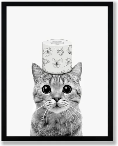 Vista 9 de Arte de pared de lienzo enmarcado para baño con oso negro tierno, decoración divertida para baño con animales, adorable oso con papel higiénico