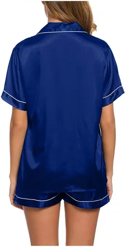 Vista 4 de Conjunto de pijama de satén para mujer, con botones, manga corta, 2 piezas, pijama de seda, suave, cómodo, sólido, ropa de dormir