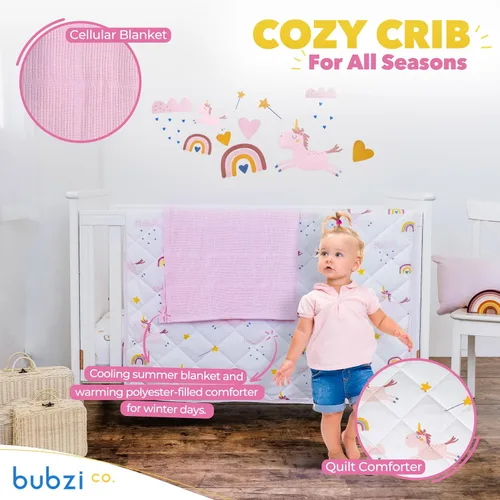 Vista 3 de Bubzi Co Juego de ropa de cama de cuna para niñas, 5 piezas, incluye 2 sábanas para cuna, edredón de algodón, manta de bebé y juego de calcomanías