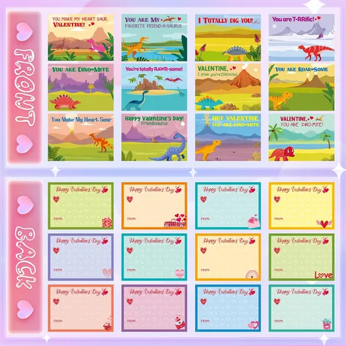 Vista 3 de Juego de 48 tarjetas para el día de San Valentín con juguetes de figuras de dinosaurio, tarjetas de dinosaurio, tarjetas de San Valentín