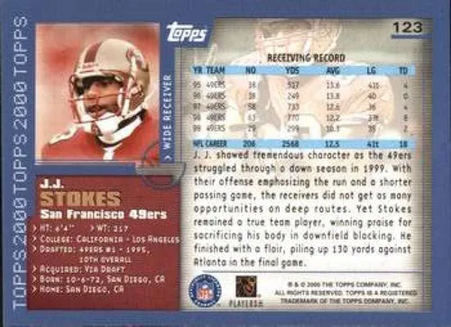 Vista 2 de 2000 Topps Football #123 J.J. Stokes San Francisco 49ers Official NFL Trading Card (Stock Photo Shown, card is in Near Mint or Better Condition)