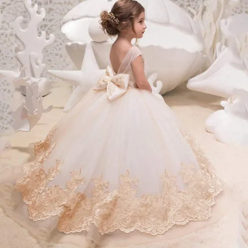 Vista 4 de Tulle Embroidered Flower Girls Dress Princess Sparkle Birthday Party Special Ocasion Dresses for Kids 2-12 Year Old