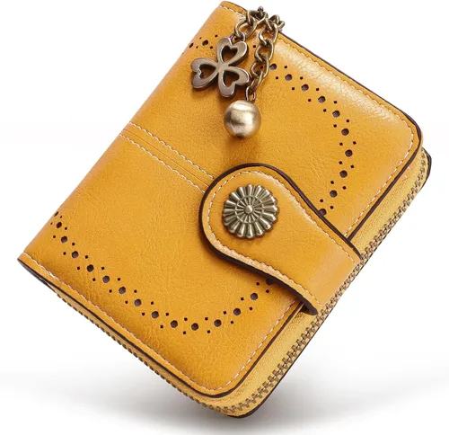 Vista 17 de Cartera pequeña para mujer, de piel, plegable, compacta, con bloqueo RFID, con bolsillo con cremallera para monedas, A01 Rojo Vino, Classic