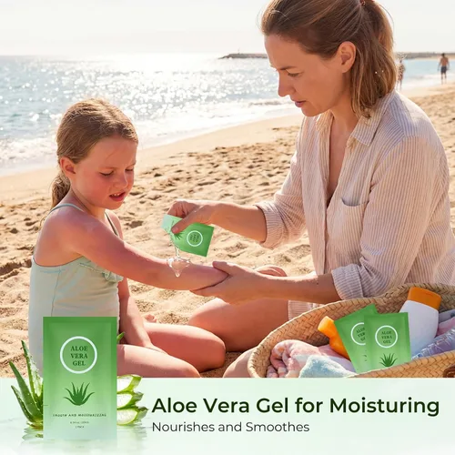 Vista 5 de Gel de aloe vera de tamaño viaje, mini loción natural de aloe vera orgánica, envuelta individualmente, crema de aloe calmante después del sol