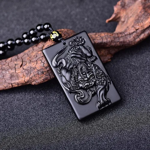 Vista 3 de VIKCAUX Collar de obsidiana negra con dije de protección con cadena de cuentas extendida, collar de amuleto de piedra de cristal curativo