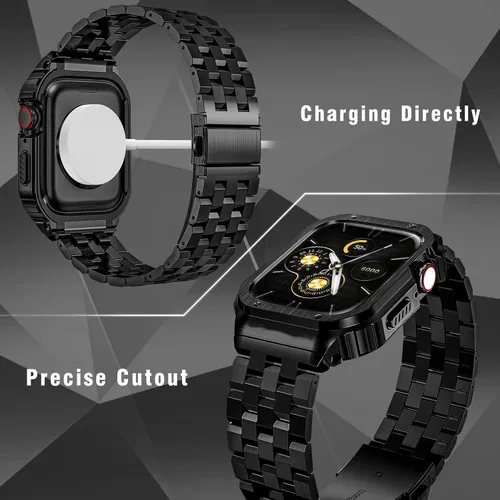 Vista 2 de Correa y funda de acero inoxidable compatible con Apple Watch Band 1.496 Negro