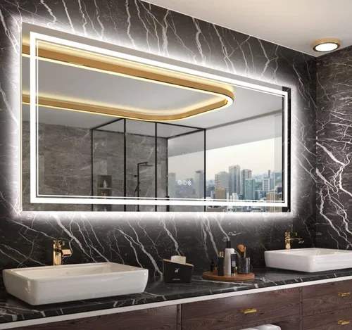 Vista 57 de Espejo de baño LED de 24 x 28 pulgadas, luz frontal y retroiluminada, antiniebla, regulable, espejo de tocador iluminado con memoria, espejo LED