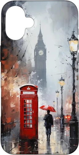 Vista 23 de Funda para iPhone 16 Wet London Iconic Red Phone Booth Clocktower Art Cover Phone Case
