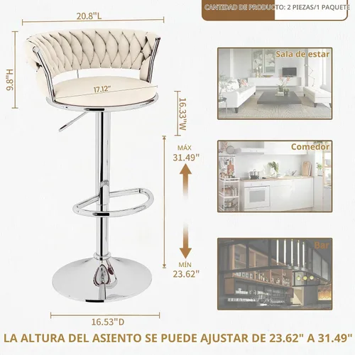 Vista 2 de AWQM Juego de 2 taburetes de bar de terciopelo, taburetes de cocina giratorios de altura ajustable con respaldo bajo para comedor, barra