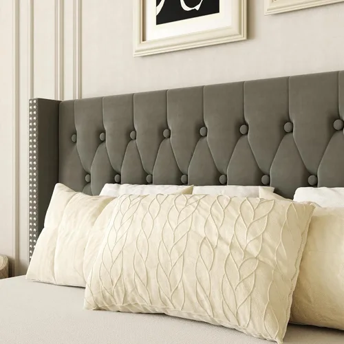 Vista 7 de HAOARA Base de cama de tamaño matrimonial, plataforma tapizada con cabecera con respaldo de ala, botón de terciopelo, fácil montaje, no necesita