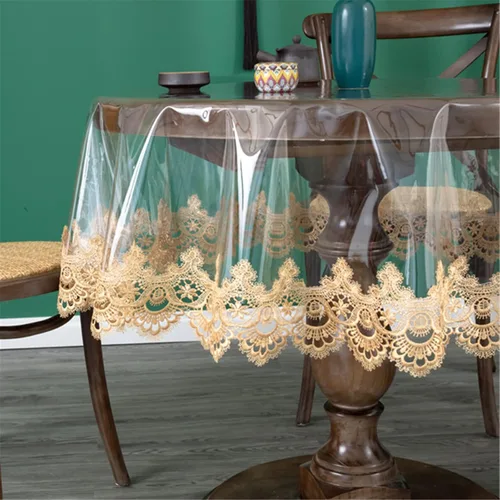 Vista 4 de Jeloris Mantel redondo de plástico transparente de vinilo PVC impermeable con borde de encaje bordado, cubierta de mesa transparente para cocina