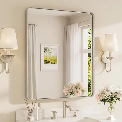 Vista 79 de Espejo de marco dorado cepillado de 16 x 24 pulgadas, espejo de tocador de baño de latón dorado para pared, espejo enmarcado rectangular de esquina
