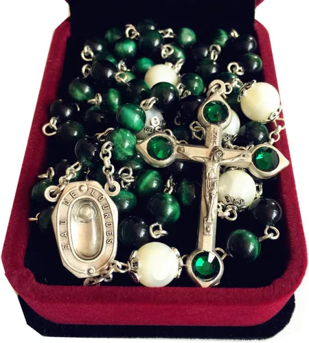 Vista 2 de elegantmedical HECHO A MANO VERDE OJO DE TIGRE CUENTAS CATÓLICAS ROSARIO CRUCIFIJO COLLAR Lourdes Medalla de agua, elegantmedical