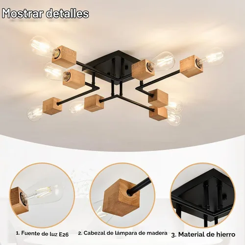 Vista 4 de Lámpara Sputnik moderna de 8 luces, color negro y madera, estilo retro, mate, lámpara de techo bohemia para cocina, comedor, sala de estar