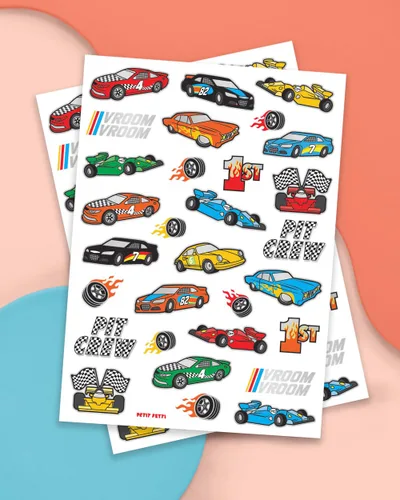 Vista 2 de xo, Fetti Suministros de fiesta de autos de carreras, tatuajes temporales - 46 estilos de aluminio Cumpleaños de carreras de autos de carreras