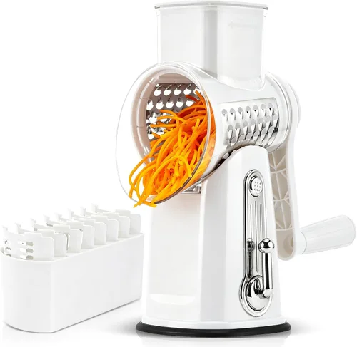 Vista 12 de SUSTEAS Rallador de queso rotativo con mango - Triturador de verduras con 5 cuchillas bien diseñadas y base de succión fuerte, rebanador