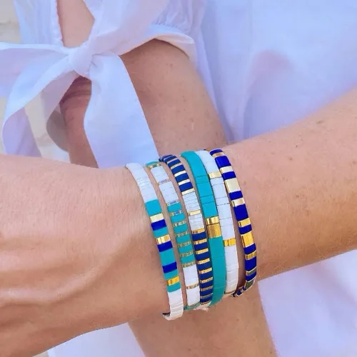 Vista 4 de Sonateomber Tila - Pulseras elásticas con cuentas planas para mujer, pulsera de cuentas coloridas