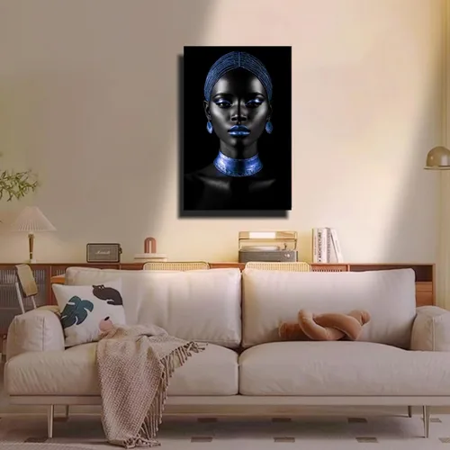 Vista 4 de Arte de pared afroamericano, impresiones en lienzo de niña negra y azul, póster de mujer afro-moderna, pintura artística negra para sala de estar