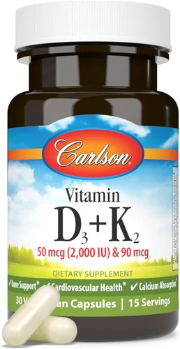 Vista 5 de Carlson Vitamina D3 + K2, 50 mcg (2000 UI), soporte óseo, 30 cápsulas