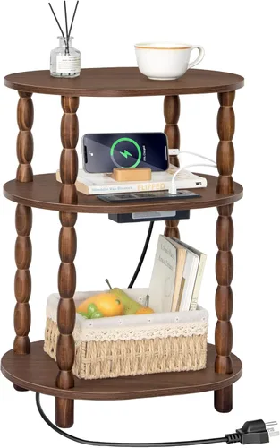 Vista 11 de MaxSmeo Mesa auxiliar negra, mesa auxiliar ovalada pequeña de 3 niveles, mesita de noche moderna, mesa decorativa de madera para sala de estar, Negro