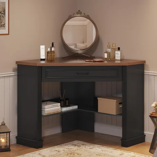 Vista 8 de SEDETA Farmhouse Corner Desk for Small Space, White Small Computer Desk Black and Brown