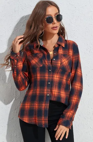 Vista 2 de KevaMolly Camisas de franela de manga larga a cuadros para mujer ajuste holgado camisa con botones blusa casual de franela