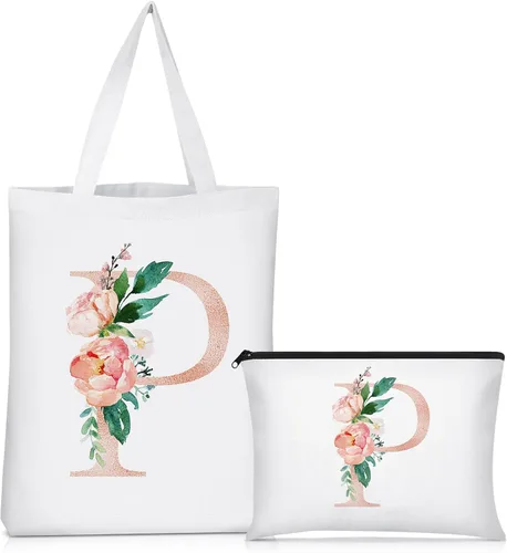 Vista 13 de Sanwuta 2 bolsas de lona con inicial, diseño floral con letras florales, bolsas de cosméticos de viaje, bolsas con monograma para mujer, mujer