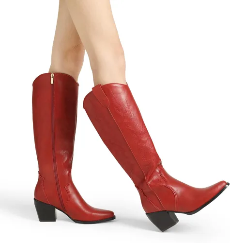 Vista 5 de DREAM PAIRS Botas vaqueras para mujer, cómodas, con cremallera, tacón grueso, puntera puntiaguda, bordadas, vaquera occidental, botas altas hasta