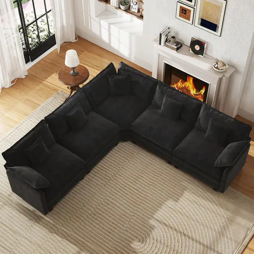 Vista 24 de Sofá de nube en forma de L de 77 pulgadas, sofá modular con otomana, cómodo sofá biplaza de felpilla con almohada para sala de estar, dormitorio