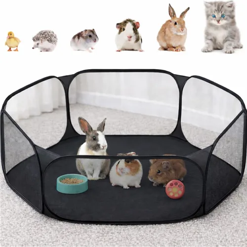 Vista 10 de Amakunft Corralito de animales pequeños 2 en 1 con almohadilla impermeable, patio de juegos portátil desplegable para conejillos de indias, conejos